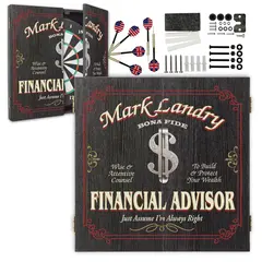 Custom Financial Advisor dartboard cabinet set including dartboard, darts, and mounting hardware with personalized name design