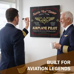 Two airline pilots playing darts in a white room with personalized airplane pilot dartboard cabinet mounted on wall