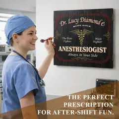 An anesthesiologist in scrubs playing darts on personalized medical dartboard cabinet in hospital break room