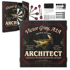 Personalized architect dartboard cabinet set with custom name, darts, mounting hardware and accessories included