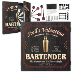 Custom bartender dartboard cabinet set with personalized name, darts, and mounting hardware included