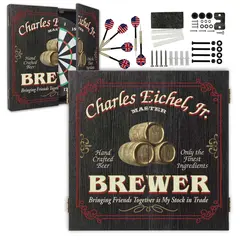 Custom brewer dartboard cabinet set open with dartboard, steel-tip darts, mounting hardware, and accessories included.