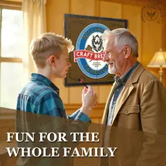 Father and son playing darts in front of personalized brewery taproom dartboard cabinet in game room