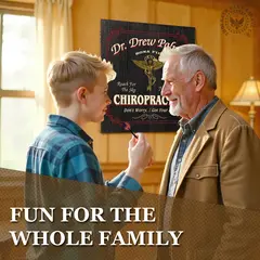 Father and son playing darts in front of a personalized chiropractor dartboard cabinet in a home game room.
