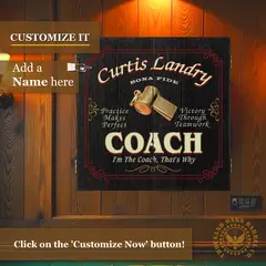 Personalized coach dartboard cabinet showing custom name option for sports coach gift.