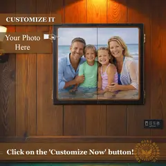 Wall-mounted custom dartboard cabinet featuring a personalized family beach photo printed on the cabinet doors.
