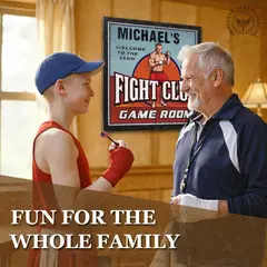 Grandfather and grandson playing darts in front of personalized Fight Club dartboard cabinet in game room
