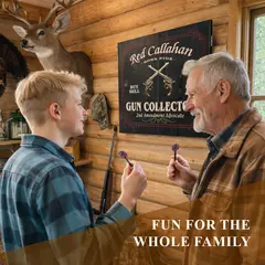 Personalized gun collector dartboard displayed in rustic hunters cabin with family playing darts