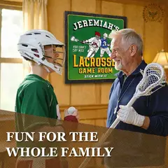 Grandfather and teen enjoying a personalized lacrosse dartboard cabinet in a sports-themed game room.
