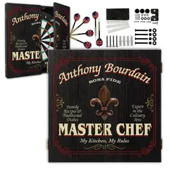 Custom Master Chef dartboard cabinet set with board, darts, mounting hardware and personalized name design