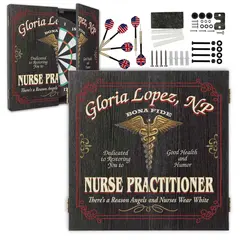 Personalized Nurse Practitioner dartboard cabinet set with custom name, dartboard, darts and mounting hardware included