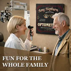 Personalized Optometrist dartboard cabinet displayed in eye clinic while optometrist performs eye exam on patient
