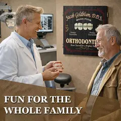 Personalized Orthodontist dartboard cabinet displayed in dental office while orthodontist shows patient braces model