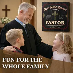 Personalized Pastor dartboard cabinet displayed in church office with pastor speaking to two children