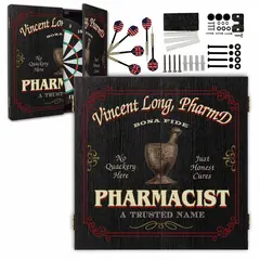 Personalized pharmacist dartboard cabinet set open with dartboard, six darts, mounting hardware, and custom name design.