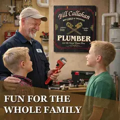 Personalized Plumber dartboard cabinet displayed in workshop with plumber holding pipe wrench and two boys