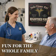 Personalized registered nurse dartboard cabinet displayed on wall while family enjoys time together in game room.