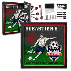 Personalized soccer dartboard cabinet set with custom name design, darts and mounting hardware included
