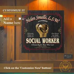 Custom social worker dartboard cabinet mounted on wood wall with personalized name and professional licensed social worker design.