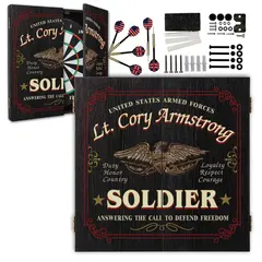 Personalized soldier dartboard cabinet set with custom name, open cabinet doors, darts, mounting hardware, and military-themed design.
