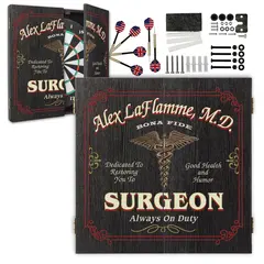 Custom surgeon dartboard cabinet set with darts, mounting hardware and accessories included