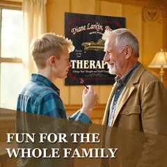Personalized therapist dartboard cabinet set displayed on wall with custom name, shown in home setting during family game time