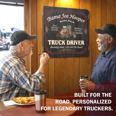 Two truck drivers playing darts in a break room with a personalized truck driver dartboard cabinet mounted on the wall, custom name design reading “Truck Driver – Running Hard. Let’s Hit The Road!”