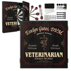Personalized veterinarian dartboard cabinet set with custom name design and veterinary emblem, includes darts and mounting hardware