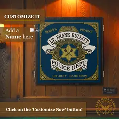Custom Police Department dartboard cabinet mounted on wood wall featuring personalized badge design and 16.75 inch dartboard inside.