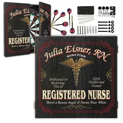 Open personalized registered nurse dartboard cabinet set with darts and mounting hardware included.