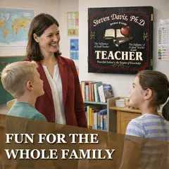 Female teacher smiling with students in classroom with personalized teacher dartboard cabinet displayed on wall reading “Fun for the Whole Family”