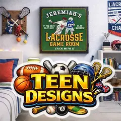 een lacrosse themed bedroom featuring personalized lacrosse dartboard cabinet and bold Teen Designs sports category graphic.