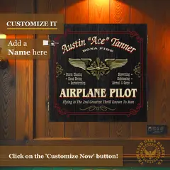 Personalized airplane pilot dartboard cabinet showing custom name design and aviation wings emblem