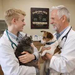 Two veterinarians in white lab coats holding a gray cat and a Jack Russell Terrier inside a veterinary clinic with a personalized veterinarian dartboard cabinet displayed on the wall in the background.