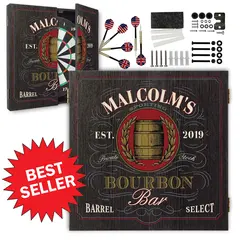 Personalized Bourbon Bar dartboard cabinet set including dartboard, flag-themed darts, and mounting hardware, ideal for home bar, man cave, or whiskey lounge setup.