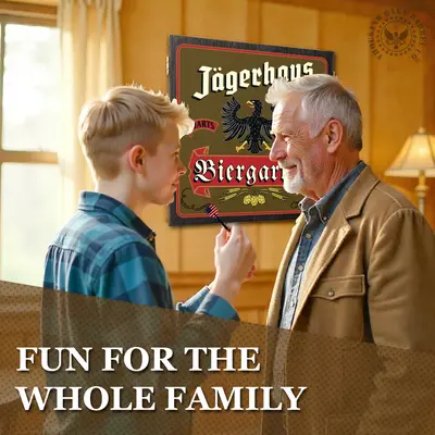 Personalized Biergarten dartboard cabinet with Personalized design, custom artwork, and complete dartboard set including darts and mounting hardware