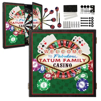 Personalized casino dartboard cabinet with Las Vegas–style design, custom family name, playing cards, poker chips, and complete dartboard set