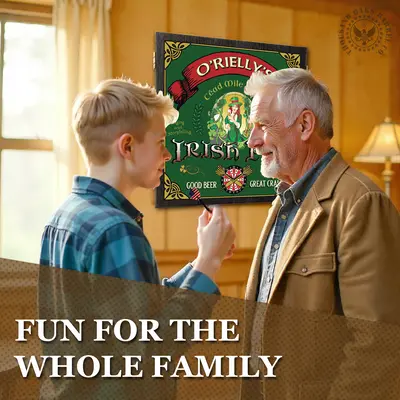 Family playing darts in a home game room with a personalized Irish pub dartboard cabinet featuring green Celtic artwork and custom pub name.