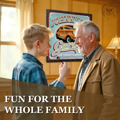Grandfather and grandson standing in front of a personalized garage dartboard cabinet with classic car artwork, enjoying family dart play in a warm home setting.