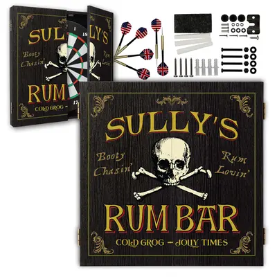 Custom Sully’s Rum Bar dartboard cabinet set featuring a skull and crossbones pirate design, personalized name text, steel-tip darts, and complete mounting hardware on a white background.
