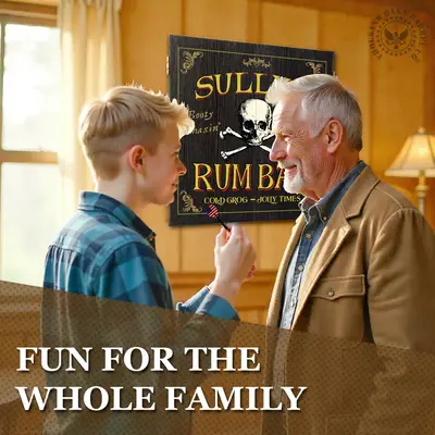 Father and child playing darts in a home game room with a personalized Sully’s Rum Bar dartboard cabinet mounted on the wall behind them.