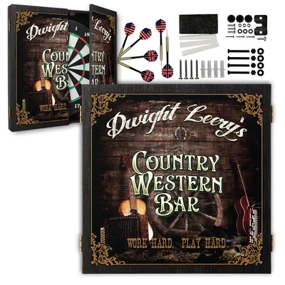 Personalized “Country Western Bar” dartboard cabinet set with custom name, rustic wood design featuring guitars, wagon wheel, and horseshoe, includes dartboard, six darts, and mounting hardware.