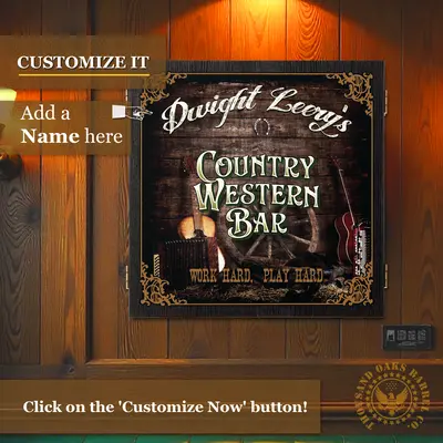 Custom name Country Western Bar dartboard cabinet mounted on wood-paneled wall with “Customize It – Add a Name Here” text overlay and rustic western music artwork.