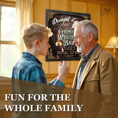 Father and son smiling while playing darts in a cozy room with personalized Country Western Bar dartboard cabinet displayed on the wall behind them, text reads “Fun for the Whole Family.”