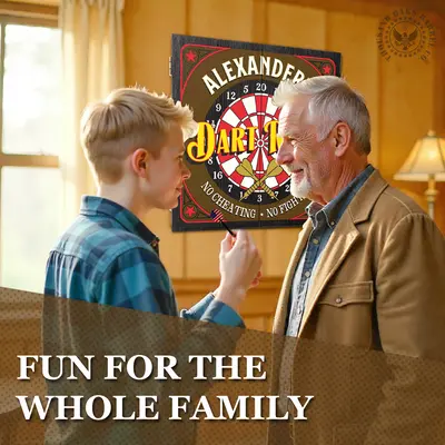 Father and teenage son playing darts in a cozy home game room with a personalized “Alexander’s Dart Room” dartboard cabinet on the wall and text overlay “Fun for the Whole Family.”