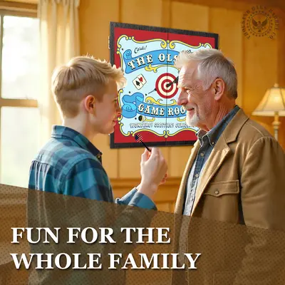 Father and son playing darts in a game room with personalized carnival-style dartboard cabinet in the background reading “The Olsen’s Game Room – Fun for the Whole Family.”