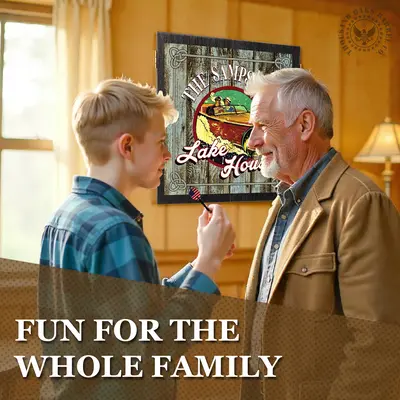 Grandfather and grandson playing darts in a cozy room with personalized lake house dartboard cabinet featuring custom name, vintage boat artwork, and rustic cabin-style design.