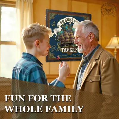 Personalized nautical tavern dartboard cabinet in family game room with grandfather and grandson playing darts in front of Franklin’s Tavern sailing ship design.