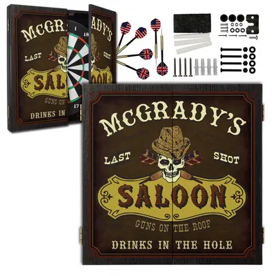 Custom Western Saloon dartboard cabinet set with dartboard, darts, mounting hardware, and vintage saloon design.