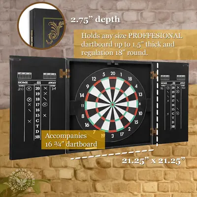 Dartboard cabinet dimensions showing 21.25 by 21.25 inches with 2.75 inch depth and space for regulation 18 inch dartboard